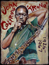 Load image into Gallery viewer, John Coltrane portrait on wood / John Coltrane portrait / John Coltrane painting / the Blues painting / the Blues portrait / the Blues art / Blues art / Blues painting / Blues music art / painting on wood / Blues music / Blues prints / Blues musicians / Blues musicans art / Jessie Buddell / Primalscenes.com / Primal Scenes