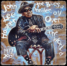 Load image into Gallery viewer, John Lee Hooker portrait on wood / John Lee Hooker portrait / John Lee Hooker painting / the Blues painting / the Blues portrait / the Blues art / Blues art / Blues painting / Blues music art / painting on wood / Blues music / Blues prints / Blues musicians / Blues musicans art / Jessie Buddell / Primalscenes.com / Primal Scenes