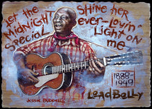 Load image into Gallery viewer, Leadbelly portrait on wood / Leadbelly art / Leadbelly portrait / Leadbelly painting / the Blues painting / the Blues portrait / the Blues art / Blues art / Blues painting / Blues music art / painting on wood / Blues music / Blues prints / Blues musicians / Blues musicans art / Jessie Buddell / Primalscenes.com / Primal Scenes