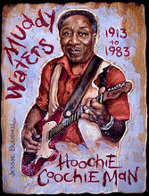 Load image into Gallery viewer, Muddy Waters portrait on wood / Muddy Waters portrait / Muddy Waters painting / the Blues painting / the Blues portrait / the Blues art / Blues art / Blues painting / Blues music art / painting on wood / Blues music / Blues prints / Blues musicians / Blues musicans art / Jessie Buddell / Primalscenes.com / Primal Scenes