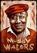 Load image into Gallery viewer, Muddy Waters portrait on wood / Muddy Waters portrait / Muddy Waters painting / the Blues painting / the Blues portrait / the Blues art / Blues art / Blues painting / Blues music art / painting on wood / Blues music / Blues prints / Blues musicians / Blues musicans art / Jessie Buddell / Primalscenes.com / Primal Scenes