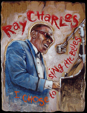 Load image into Gallery viewer, Ray Charles portrait on wood / Ray Charles art / Ray Charles portrait / Ray Charles painting / the Blues painting / the Blues portrait / the Blues art / Blues art / Blues painting / Blues music art / painting on wood / Blues music / Blues prints / Blues musicians / Blues musicans art / Jessie Buddell / Primalscenes.com / Primal Scenes