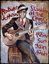 Load image into Gallery viewer, Robert Johnson portrait on wood /Robert Johnson art / Robert Johnson portrait / Robert Johnson painting / the Blues painting / the Blues portrait / the Blues art / Blues art / Blues painting / Blues music art / painting on wood / Blues music / Blues prints / Blues musicians / Blues musicans art / Jessie Buddell / Primalscenes.com / Primal Scenes