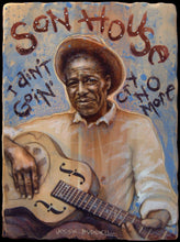 Load image into Gallery viewer, Son House portrait on wood / Son House art / Son House portrait / Son House painting / the Blues painting / the Blues portrait / the Blues art / Blues art / Blues painting / Blues music art / painting on wood / Blues music / Blues prints / Blues musicians / Blues musicans art / Jessie Buddell / Primalscenes.com / Primal Scene