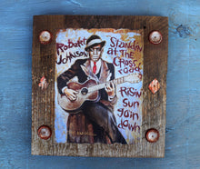 Load image into Gallery viewer, Robert Johnson portrait on wood /Robert Johnson art / Robert Johnson portrait / Robert Johnson painting / the Blues painting / the Blues portrait / the Blues art / Blues art / Blues painting / Blues music art / painting on wood / Blues music / Blues prints / Blues musicians / Blues musicans art / Jessie Buddell / Primalscenes.com / Primal Scenes