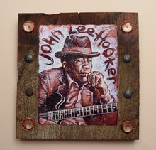 Load image into Gallery viewer, John Lee Hooker portrait on wood / John Lee Hooker portrait / John Lee Hooker painting / the Blues painting / the Blues portrait / the Blues art / Blues art / Blues painting / Blues music art / painting on wood / Blues music / Blues prints / Blues musicians / Blues musicans art / Jessie Buddell / Primalscenes.com / Primal Scenes