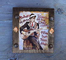 Load image into Gallery viewer, Robert Johnson portrait on wood /Robert Johnson art / Robert Johnson portrait / Robert Johnson painting / the Blues painting / the Blues portrait / the Blues art / Blues art / Blues painting / Blues music art / painting on wood / Blues music / Blues prints / Blues musicians / Blues musicans art / Jessie Buddell / Primalscenes.com / Primal Scenes