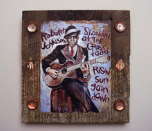 Load image into Gallery viewer, Robert Johnson portrait on wood /Robert Johnson art / Robert Johnson portrait / Robert Johnson painting / the Blues painting / the Blues portrait / the Blues art / Blues art / Blues painting / Blues music art / painting on wood / Blues music / Blues prints / Blues musicians / Blues musicans art / Jessie Buddell / Primalscenes.com / Primal Scenes