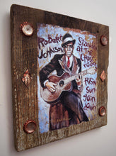 Load image into Gallery viewer, Robert Johnson portrait on wood /Robert Johnson art / Robert Johnson portrait / Robert Johnson painting / the Blues painting / the Blues portrait / the Blues art / Blues art / Blues painting / Blues music art / painting on wood / Blues music / Blues prints / Blues musicians / Blues musicans art / Jessie Buddell / Primalscenes.com / Primal Scenes
