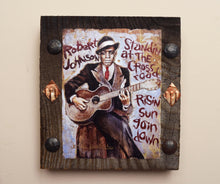 Load image into Gallery viewer, Robert Johnson portrait on wood /Robert Johnson art / Robert Johnson  portrait / Robert Johnson painting / the Blues painting / the Blues portrait / the Blues art / Blues art / Blues  painting / Blues music art / painting on wood / Blues music / Blues prints / Blues musicians / Blues musicans art / Jessie Buddell / Primalscenes.com / Primal Scenes