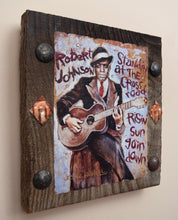 Load image into Gallery viewer, Robert Johnson portrait on wood /Robert Johnson art / Robert Johnson portrait / Robert Johnson painting / the Blues painting / the Blues portrait / the Blues art / Blues art / Blues painting / Blues music art / painting on wood / Blues music / Blues prints / Blues musicians / Blues musicans art / Jessie Buddell / Primalscenes.com / Primal Scenes