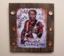 Load image into Gallery viewer, Muddy Waters portrait on wood / Muddy Waters portrait / Muddy Waters painting / the Blues painting / the Blues portrait / the Blues art / Blues art / Blues painting / Blues music art / painting on wood / Blues music / Blues prints / Blues musicians / Blues musicans art / Jessie Buddell / Primalscenes.com / Primal Scenes