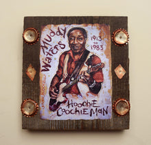 Load image into Gallery viewer, Muddy Waters portrait on wood / Muddy Waters portrait / Muddy Waters painting / the Blues painting / the Blues portrait / the Blues art / Blues art / Blues painting / Blues music art / painting on wood / Blues music / Blues prints / Blues musicians / Blues musicans art / Jessie Buddell / Primalscenes.com / Primal Scenes