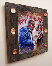 Load image into Gallery viewer, Ray Charles portrait on wood / Ray Charles art / Ray Charles portrait / Ray Charles painting / the Blues painting / the Blues portrait / the Blues art / Blues art / Blues painting / Blues music art / painting on wood / Blues music / Blues prints / Blues musicians / Blues musicans art / Jessie Buddell / Primalscenes.com / Primal Scenes