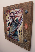 Load image into Gallery viewer, John Coltrane portrait on wood / John Coltrane portrait / John Coltrane painting / the Blues painting / the Blues portrait / the Blues art / Blues art / Blues painting / Blues music art / painting on wood / Blues music / Blues prints / Blues musicians / Blues musicans art / Jessie Buddell / Primalscenes.com / Primal Scenes