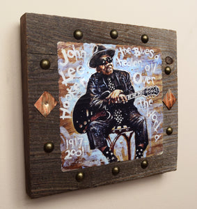 John Lee Hooker portrait on wood / John Lee Hooker portrait / John Lee Hooker painting / the Blues painting / the Blues portrait / the Blues art / Blues art / Blues painting / Blues music art / painting on wood / Blues music / Blues prints / Blues musicians / Blues musicans art / Jessie Buddell / Primalscenes.com / Primal Scenes