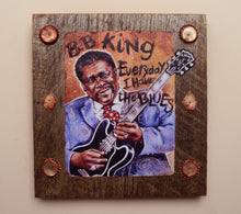Load image into Gallery viewer, B.B. King portrait on wood / B.B. King portrait / B.B. King painting / the Blues painting / the Blues portrait / the Blues art / Blues art / Blues painting / Blues music art / painting on wood / Blues music / Blues prints / Blues musicians / Blues musicans art / Jessie Buddell / Primalscenes.com / Primal Scenes