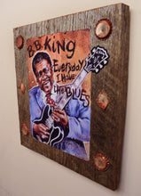Load image into Gallery viewer, B.B. King portrait on wood / B.B. King portrait / B.B. King painting / the Blues painting / the Blues portrait / the Blues art / Blues art / Blues painting / Blues music art / painting on wood / Blues music / Blues prints / Blues musicians / Blues musicans art / Jessie Buddell / Primalscenes.com / Primal Scenes