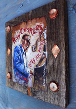 Load image into Gallery viewer, Ray Charles portrait on wood / Ray Charles art / Ray Charles portrait / Ray Charles painting / the Blues painting / the Blues portrait / the Blues art / Blues art / Blues painting / Blues music art / painting on wood / Blues music / Blues prints / Blues musicians / Blues musicans art / Jessie Buddell / Primalscenes.com / Primal Scenes