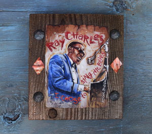 Ray Charles portrait on wood / Ray Charles art / Ray Charles portrait / Ray Charles painting / the Blues painting / the Blues portrait / the Blues art / Blues art / Blues painting / Blues music art / painting on wood / Blues music / Blues prints / Blues musicians / Blues musicans art / Jessie Buddell / Primalscenes.com / Primal Scenes