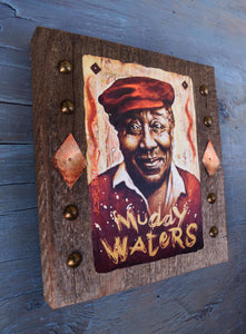 Muddy Waters portrait on wood / Muddy Waters portrait / Muddy Waters painting / the Blues painting / the Blues portrait / the Blues art / Blues art / Blues painting / Blues music art / painting on wood / Blues music / Blues prints / Blues musicians / Blues musicans art / Jessie Buddell / Primalscenes.com / Primal Scenes