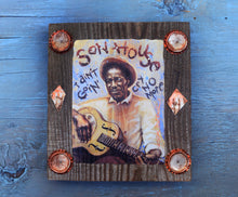 Load image into Gallery viewer, Son House portrait on wood / Son House art / Son House portrait / Son House painting / the Blues painting / the Blues portrait / the Blues art / Blues art / Blues  painting / Blues music art / painting on wood / Blues music / Blues prints / Blues musicians / Blues musicans art / Jessie Buddell / Primalscenes.com / Primal Scenes