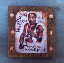 Load image into Gallery viewer, Muddy Waters portrait on wood / Muddy Waters portrait / Muddy Waters painting / the Blues painting / the Blues portrait / the Blues art / Blues art / Blues painting / Blues music art / painting on wood / Blues music / Blues prints / Blues musicians / Blues musicans art / Jessie Buddell / Primalscenes.com / Primal Scenes