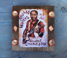 Load image into Gallery viewer, Muddy Waters portrait on wood / Muddy Waters portrait / Muddy Waters painting / the Blues painting / the Blues portrait / the Blues art / Blues art / Blues painting / Blues music art / painting on wood / Blues music / Blues prints / Blues musicians / Blues musicans art / Jessie Buddell / Primalscenes.com / Primal Scenes