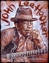 Load image into Gallery viewer, John Lee Hooker portrait on wood / John Lee Hooker portrait / John Lee Hooker painting / the Blues painting / the Blues portrait / the Blues art / Blues art / Blues painting / Blues music art / painting on wood / Blues music / Blues prints / Blues musicians / Blues musicans art / Jessie Buddell / Primalscenes.com / Primal Scenes