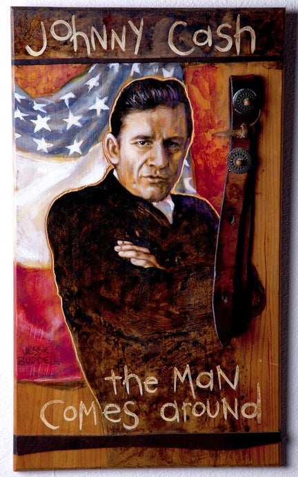 Johnny Cash 3D portrait on wood / Johnny Cash portrait / Johnny Cash painting / Johnny Cash art / Johnny Cash painting on wood /  Jessie Buddell / Primalscenes.com / Primal Scenes