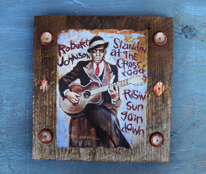 Robert Johnson portrait on wood /Robert Johnson art / Robert Johnson portrait / Robert Johnson painting / the Blues painting / the Blues portrait / the Blues art / Blues art / Blues painting / Blues music art / painting on wood / Blues music / Blues prints / Blues musicians / Blues musicans art / Jessie Buddell / Primalscenes.com / Primal Scenes