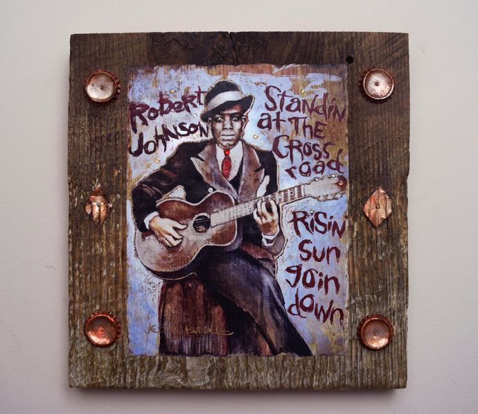 Robert Johnson portrait on wood /Robert Johnson art / Robert Johnson portrait / Robert Johnson painting / the Blues painting / the Blues portrait / the Blues art / Blues art / Blues painting / Blues music art / painting on wood / Blues music / Blues prints / Blues musicians / Blues musicans art / Jessie Buddell / Primalscenes.com / Primal Scenes