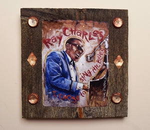 Ray Charles portrait on wood / Ray Charles art / Ray Charles portrait / Ray Charles painting / the Blues painting / the Blues portrait / the Blues art / Blues art / Blues painting / Blues music art / painting on wood / Blues music / Blues prints / Blues musicians / Blues musicans art / Jessie Buddell / Primalscenes.com / Primal Scenes