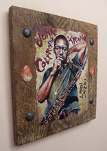 Load image into Gallery viewer, John Coltrane portrait on wood / John Coltrane portrait / John Coltrane painting / the Blues painting / the Blues portrait / the Blues art / Blues art / Blues painting / Blues music art / painting on wood / Blues music / Blues prints / Blues musicians / Blues musicans art / Jessie Buddell / Primalscenes.com / Primal Scenes