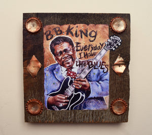 B.B. King portrait on wood / B.B. King portrait /  B.B. King painting / the Blues painting / the Blues portrait / the Blues art / Blues art / Blues painting / Blues music art / painting on wood / Blues music / Blues prints / Blues musicians / Blues musicans art / Jessie Buddell / Primalscenes.com / Primal Scenes