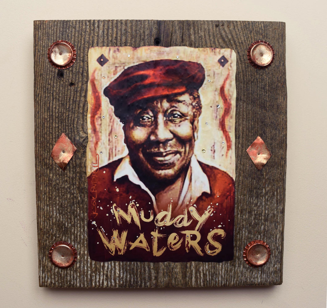 Muddy Waters portrait on wood / Muddy Waters portrait / Muddy Waters painting / the Blues painting / the Blues portrait / the Blues art / Blues art / Blues painting / Blues music art / painting on wood / Blues music / Blues prints / Blues musicians / Blues musicans art / Jessie Buddell / Primalscenes.com / Primal Scenes