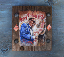 Load image into Gallery viewer, Ray Charles portrait on wood / Ray Charles art / Ray Charles portrait / Ray Charles painting / the Blues painting / the Blues portrait / the Blues art / Blues art / Blues painting / Blues music art / painting on wood / Blues music / Blues prints / Blues musicians / Blues musicans art / Jessie Buddell / Primalscenes.com / Primal Scenes