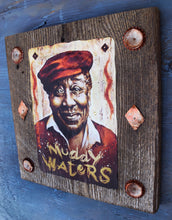 Load image into Gallery viewer, Muddy Waters portrait on wood / Muddy Waters portrait / Muddy Waters painting / the Blues painting / the Blues portrait / the Blues art / Blues art / Blues painting / Blues music art / painting on wood / Blues music / Blues prints / Blues musicians / Blues musicans art / Jessie Buddell / Primalscenes.com / Primal Scenes
