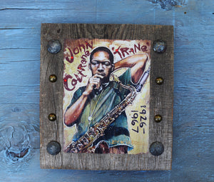 John Coltrane portrait on wood / John Coltrane portrait / John Coltrane painting / the Blues painting / the Blues portrait / the Blues art / Blues art / Blues painting / Blues music art / painting on wood / Blues music / Blues prints / Blues musicians / Blues musicans art / Jessie Buddell / Primalscenes.com / Primal Scenes